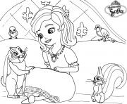 Coloriage princesse sofia  sur son lit avec un lapin